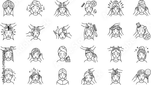 Head massage icons set. Hairdressers massaging clients' scalps, using brushes, combs, and other tools, promoting relaxation and hair health
