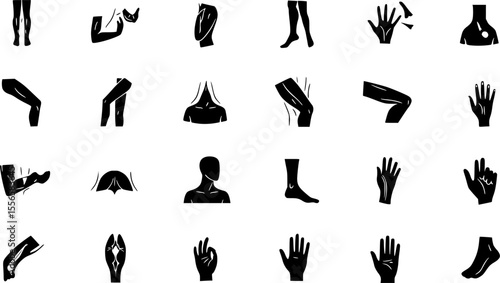 Edema icons set. Collection of simple black and white icons representing various human body parts, including arms, legs, hands, and feet, ideal for medical or anatomy projects