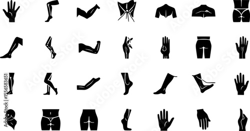 Edema icons set. Collection of simple black and white icons representing various human body parts, including arms, legs, hands, and feet, ideal for medical or anatomy projects