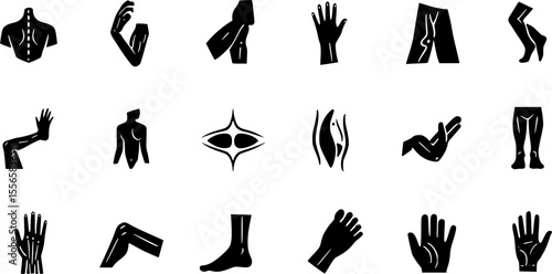 Edema icons set. Collection of simple black and white icons representing various human body parts, including arms, legs, hands, and feet, ideal for medical or anatomy projects