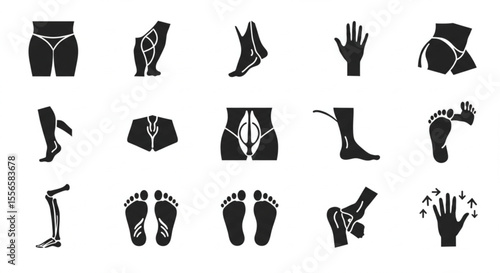 Edema icons set. Collection of simple black and white icons representing various human body parts, including arms, legs, hands, and feet, ideal for medical or anatomy projects