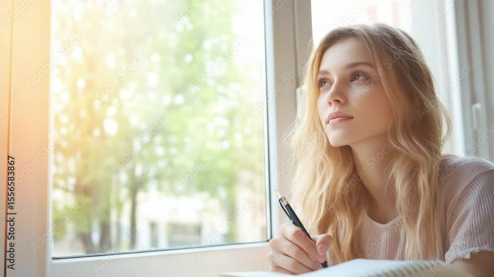 Thoughtful young woman holding pen by office window Thoughtful young woman holding pen by office window