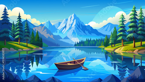 Clear blue waters mirror the mighty Zugspitze mountain and pine trees. A lone wooden rowboat floats calmly in the peaceful morning stillness.