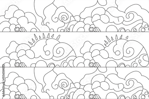 Three rows of stylized clouds, detailed line art.
