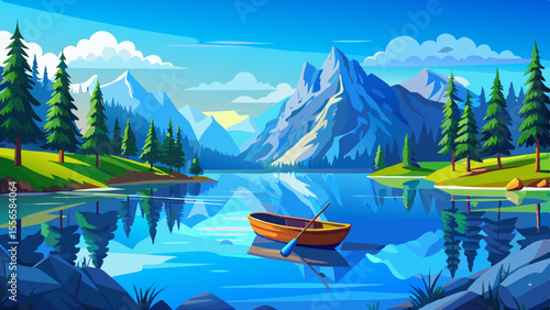 Clear blue waters mirror the mighty Zugspitze mountain and pine trees. A lone wooden rowboat floats calmly in the peaceful morning stillness.