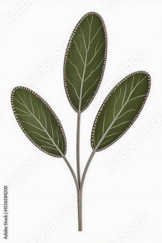 Sage leaves, three on a stem, detailed design.
