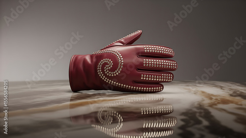 Red leather gloves with studded design, elegant and detailed.
