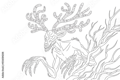 Frightening creature with antlers, lurking in a shadowy forest.
