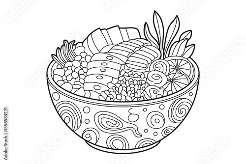 Colorful bowl of fish and vegetable rice dish.
