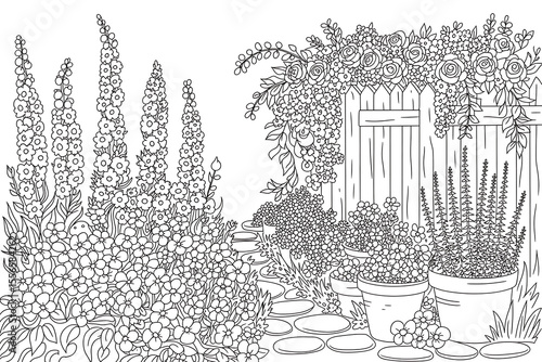 Garden path lined with flowers and plants, by a wooden fence.
