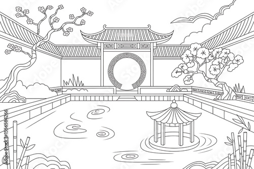 Tranquil Chinese garden scene with a pond, pagodas, and a gate.

