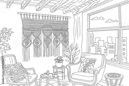 Cozy room with macrame wall hanging and city view.
