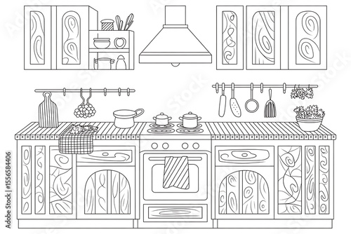 Detailed line drawing of a rustic kitchen.
