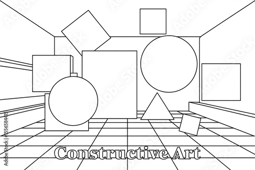 Geometric shapes arranged in a perspective room. Abstract constructive art.

