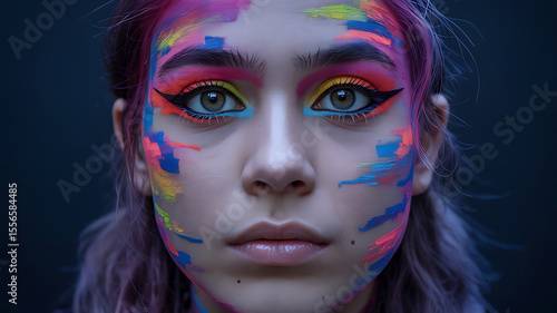 Close-up portrait, vibrant face paint, bold colors.
