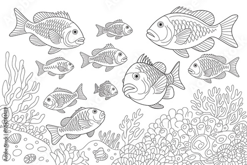 School of fish swim amidst coral reefs.
