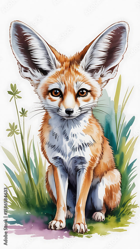 Obraz premium Fennec fox sits amidst desert plants, large ears.