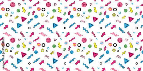 A colorful pattern of shapes and arrows on a white background. The pattern is made up of various shapes and colors, including triangles, circles, and squares. Scene is playful and fun
