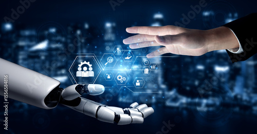 Fotografie AI optimizing business management system, enhancing productivity, tracking progress, analyzing performance, and automating teamwork coordination across structured operations