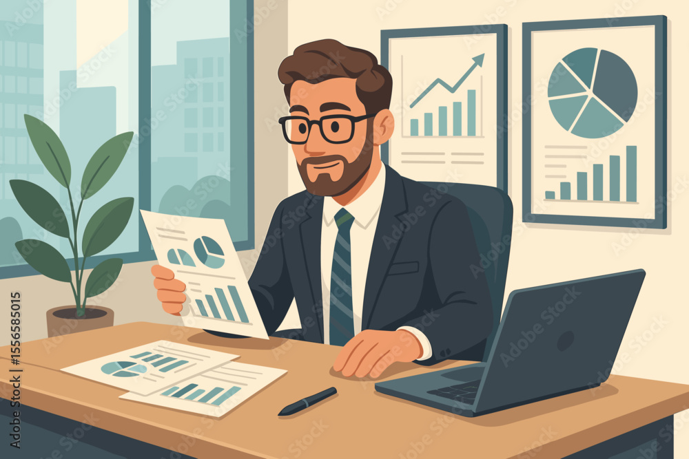 Businessman in suit analyzing financial reports and charts at modern office desk, reviewing data, working on laptop, corporate analysis, business strategy, growth, investment, vector illustration Businessman in suit analyzing financial reports and charts at modern office desk, reviewing data, working on laptop, corporate analysis, business strategy, growth, investment, vector illustration