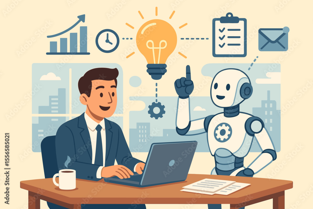 Artificial intelligence collaboration with business professional, robot assistant boosting workplace productivity, innovation, teamwork, technology integration, office environment, vector illustration Artificial intelligence collaboration with business professional, robot assistant boosting workplace productivity, innovation, teamwork, technology integration, office environment, vector illustration