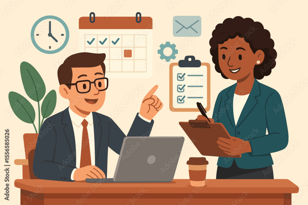 Office teamwork collaboration, manager and assistant planning schedule, coordinating tasks, business meeting, checklist, calendar, laptop, time management, vector illustration, workplace organization Office teamwork collaboration, manager and assistant planning schedule, coordinating tasks, business meeting, checklist, calendar, laptop, time management, vector illustration, workplace organization