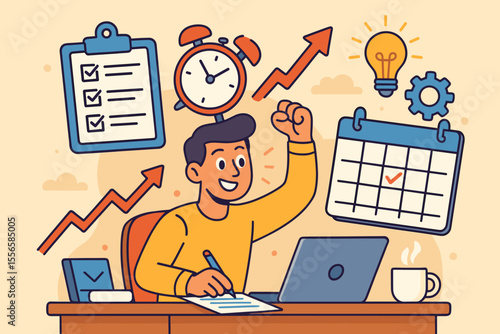 Motivated Office Worker Achieving Productivity with Task Management, Time Planning, Goal Setting, Checklist, Calendar, Growth, Success, Creative Ideas, Vector Cartoon Illustration