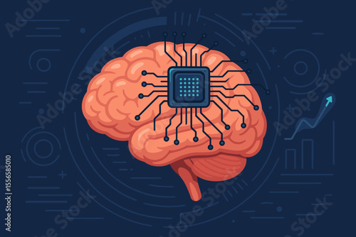Human brain with embedded microchip and neural circuits symbolizing artificial intelligence, brain-computer interface, cognitive enhancement, future technology, digital mind, innovation concept