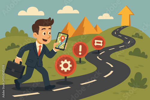 Businessman navigating obstacles and challenges on winding road to success using GPS and smartphone. Career journey, business strategy, direction, achievement, goal setting. Vector illustration