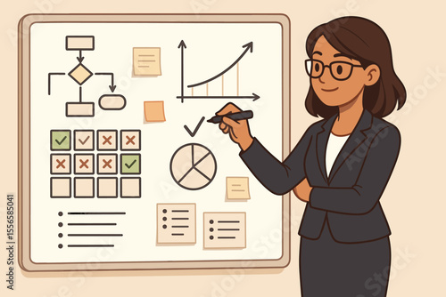 Businesswoman presenting project management strategy, workflow planning, analytics, progress tracking, and business growth on whiteboard. Vector illustration for corporate training and teamwork