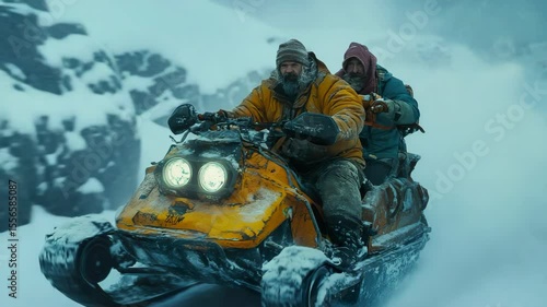 A man riding on a snowmobile in the mountains