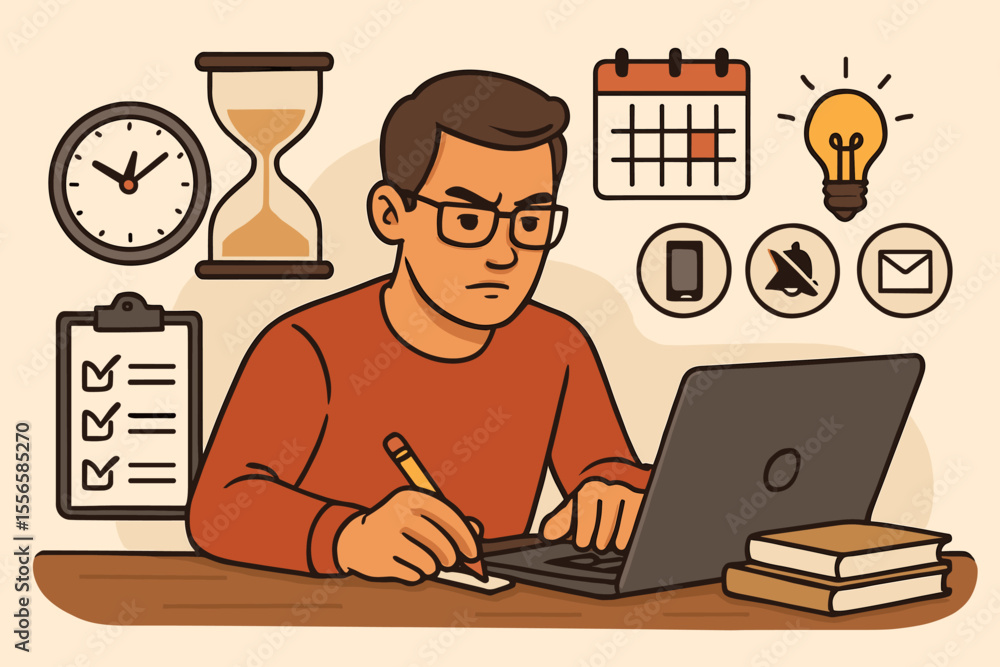 Productivity and Time Management Concept. Focused Man Working at Desk with Laptop, Checklist, Calendar, Hourglass, Clock, Light Bulb, Books, and Digital Distraction Icons. Vector Illustration Productivity and Time Management Concept. Focused Man Working at Desk with Laptop, Checklist, Calendar, Hourglass, Clock, Light Bulb, Books, and Digital Distraction Icons. Vector Illustration