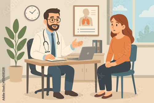 Medical consultation with female patient in modern clinic office. Doctor explains diagnosis, healthcare advice, professional discussion, checkup, health assessment, cartoon vector illustration