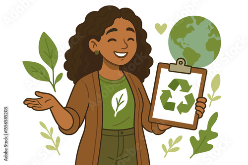 Eco-friendly woman holding clipboard with recycling symbol, promoting environmental awareness, sustainability, green living, earth conservation, cartoon vector illustration with leaves and globe