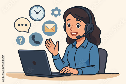 Customer support representative working online with headset, laptop, chat, email, phone icons. Technical assistance, help desk, communication service, remote work, vector cartoon illustration