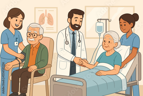Elderly patients receiving compassionate medical care in hospital room, doctor and nurses assisting seniors, healthcare team support, blood pressure check, IV therapy, vector cartoon illustration