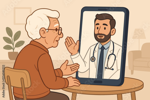 Senior patient telemedicine consultation with doctor via smartphone app. Virtual healthcare visit, online medical advice, elderly care at home, remote checkup, digital health technology concept