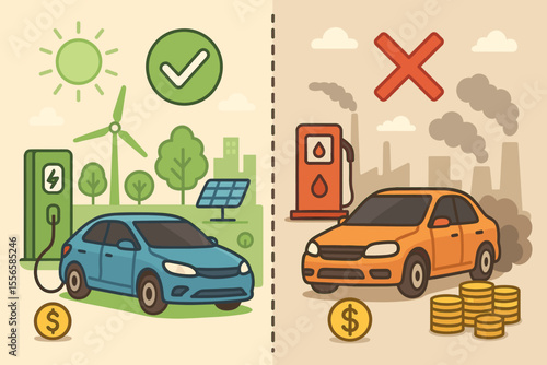Electric vs Gasoline Car Comparison Vector. Eco Friendly Electric Vehicle vs Polluting Gas Car. Renewable Energy, Charging Station, Solar Panel, Wind Turbine, Emissions, Cost, Environment Impact