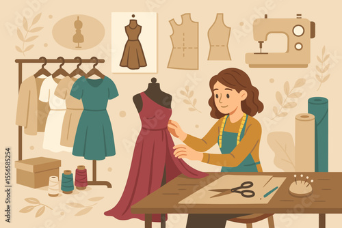 Fashion designer tailoring elegant dress in studio, dressmaker at work with sewing patterns, mannequin, sewing machine, fabric rolls, spools, scissors, garment creation process, vector illustration