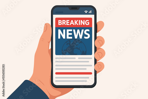 Hand holding smartphone with breaking news alert, real-time updates, online news website, digital journalism, mobile notification, global news concept, vector cartoon illustration