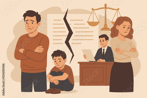 Family conflict, legal separation, and child custody dispute in divorce proceedings. Sad child, arguing parents, judge, broken document, scales of justice. Law, family court, parental rights concept