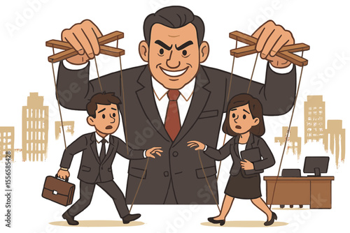 Corporate manipulation control concept. Boss controlling employees as puppets. Business power abuse, workplace hierarchy, micromanagement, authority, leadership, office politics vector illustration