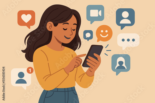 Young woman using smartphone for social media communication, receiving notifications, chatting, connecting with friends online, video calls, messaging apps, digital lifestyle vector illustration