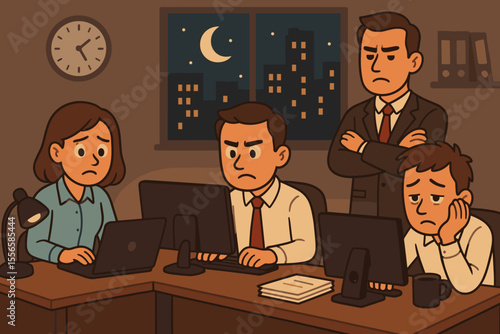 Overtime office teamwork at night, employees working late under supervisor, business stress, deadline pressure, corporate workplace, cartoon vector illustration, teamwork productivity concept