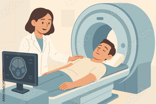 MRI Scan Procedure in Hospital. Doctor Assisting Patient Undergoing Magnetic Resonance Imaging. Medical Diagnosis, Brain Scan, Healthcare Technology, Radiology Examination, Vector Cartoon Illustration