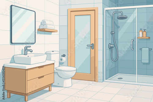 Modern bright bathroom interior vector. Minimalist clean design with glass shower, wooden vanity, toilet, mirror, towels, accessories. Contemporary home restroom cartoon illustration, no text.