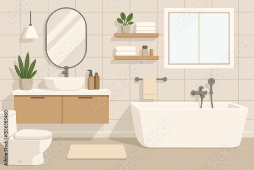 Modern minimalist bathroom interior vector. Bright contemporary home design with bathtub, sink, toilet, vanity, mirror, houseplants, shelves, towels. Clean stylish decor. No text illustration