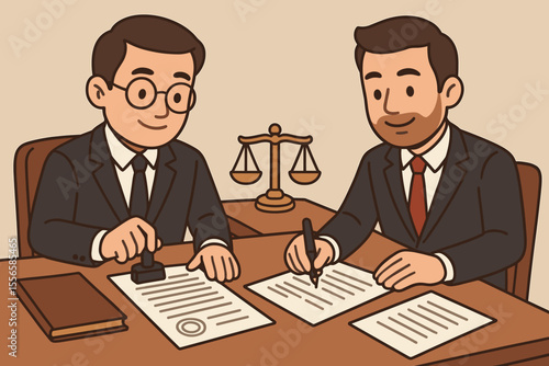 Notary public and businessman signing and stamping legal documents for certification and validation. Law office agreement approval. Contract authorization. Justice scale. Vector cartoon illustration.