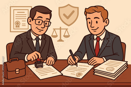 Notary public and businessman signing and stamping legal documents for certification, validation, contract approval, law agreement, official paperwork, business deal, cartoon vector illustration