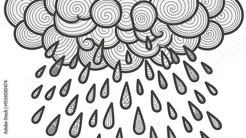 Gray cloud, detailed rain drops, swirling patterns.
